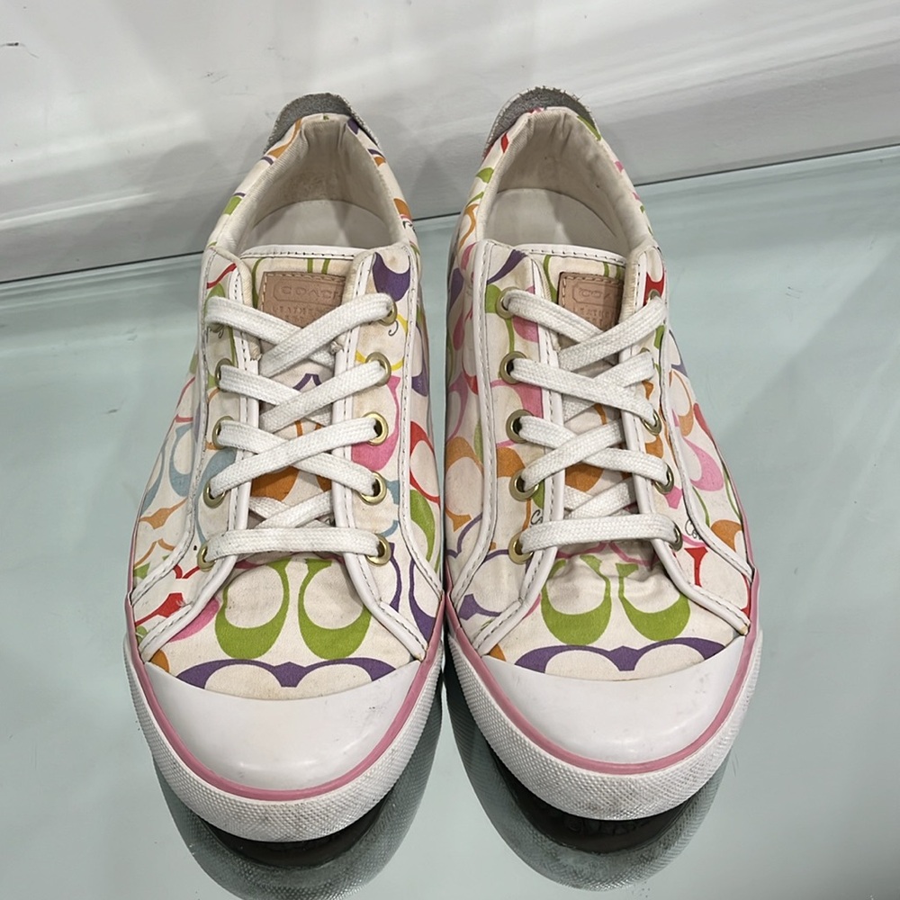 Coach Barrett Leatherware Canvas Lace up Sneakers White Multicoloured 9.5 US